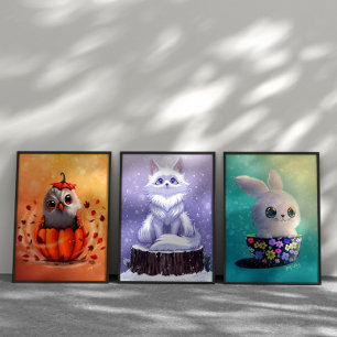 wildlife cute Forest animals : Fox, Owl, & Rabbit Wall Art Sets