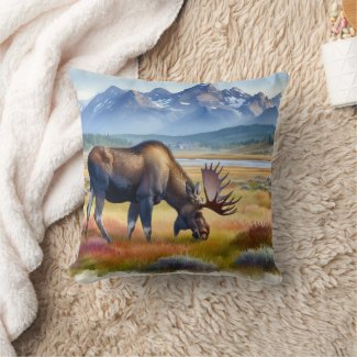 Wildlife Digital Watercolor Moose Throw Pillow