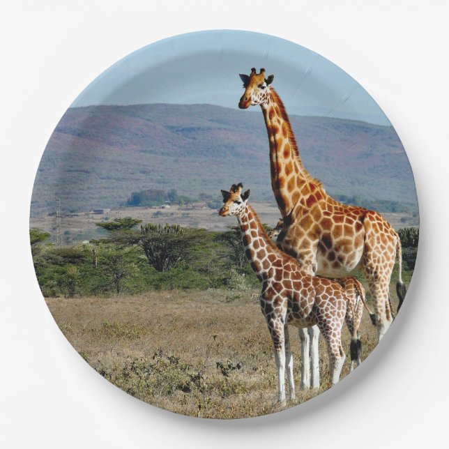 Wildlife Giraffe Mother and Baby Photo Paper Plates (Front)