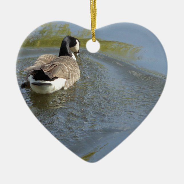 Wildlife Goose swimming in Lake, Water Circle Ceramic Ornament (Front)