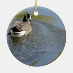 Wildlife Goose swimming in Lake, Water Circle Ceramic Ornament