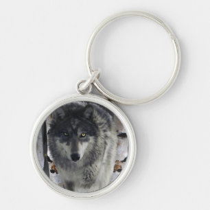 Wildlife Grey Wolf and Forest design Keychain