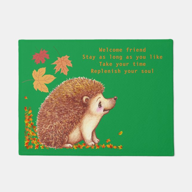Wildlife - Hedgehog in Autum/Fall leaves. Welcome Doormat (Front)