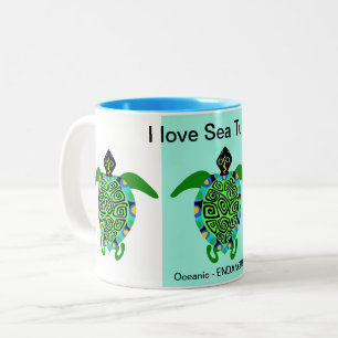 Wildlife -I love Sea TURTLES - Conservation - Aqua Two-Tone Coffee Mug