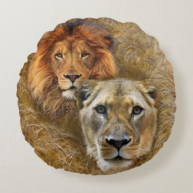 Wildlife- Lion & Lioness Round Pillow (Front)
