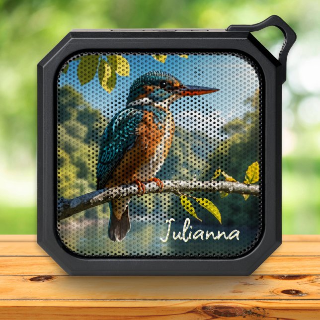 Wildlife Nature Bird River Common Kingfisher Bluetooth Speaker (A personalized portable Bluetooth speaker featuring a picture of a beautiful kingfisher by the river)