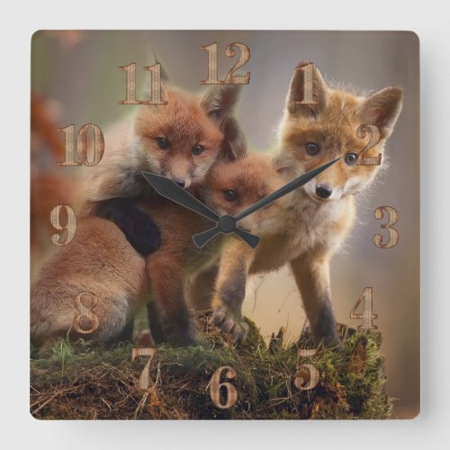 Wildlife Nature Red Fox Kits Square Wall Clock