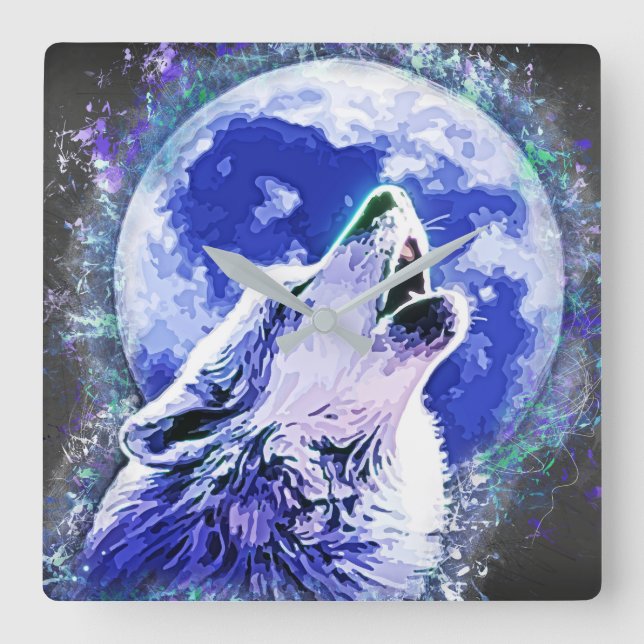 Wildlife Nature Wolf Howling at the Moon Square Wall Clock (Front)