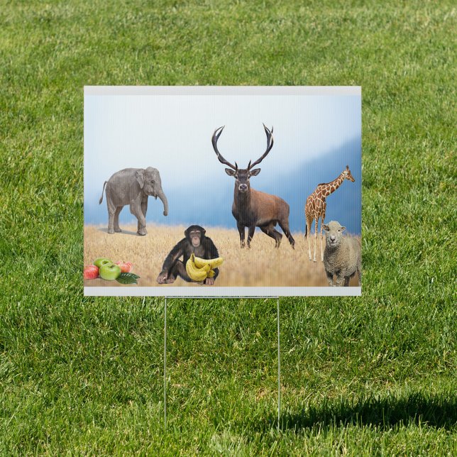 Wildlife Outdoor Sign  (A digital collage features an array of animals and fruits set against a backdrop of grass!)