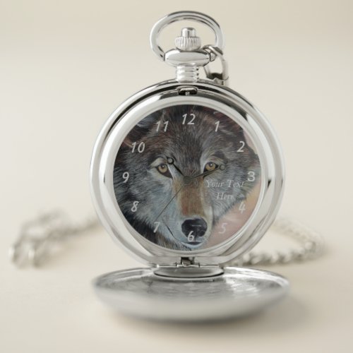 wildlife painting of gray wolf pocket watch