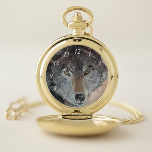 wildlife painting of gray wolf pocket watch