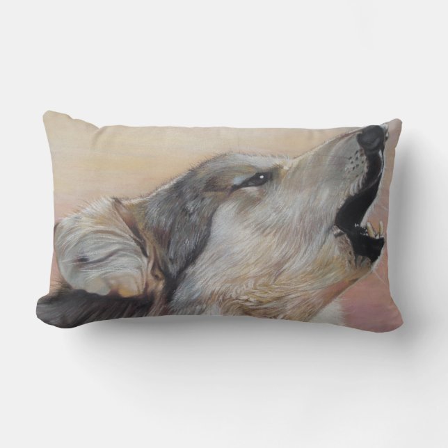 wildlife painting of howling gray wolf lumbar pillow (Front)
