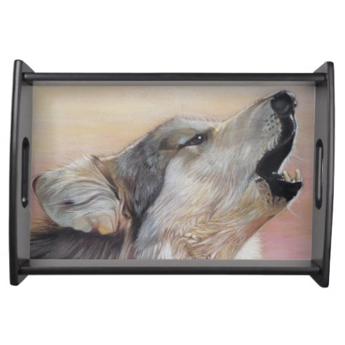 wildlife painting of howling gray wolf serving tray