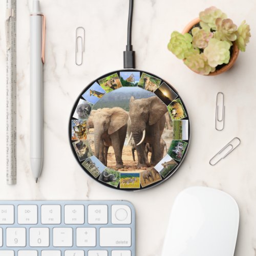 Wildlife Photo Collage Circle Elephant Siblings Wireless Charger