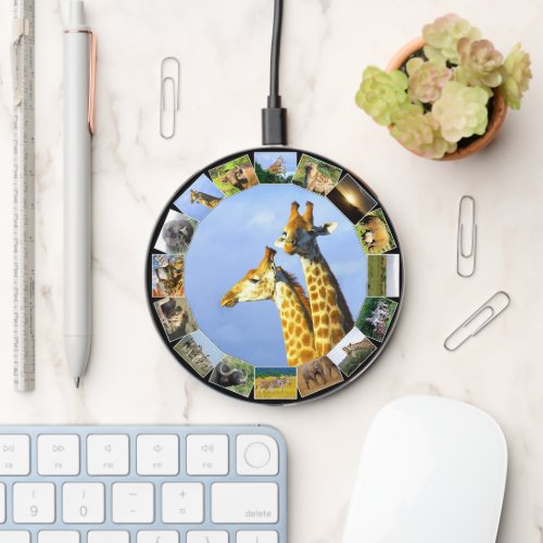 Wildlife Photo Collage Circle Giraffe Lookout Wireless Charger