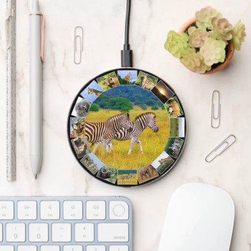 Wildlife Photo Collage Circle Zebra Stroll Wireless Charger