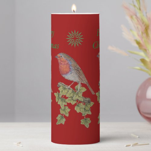 wildlife picture of ivy leafs and christmas robin  pillar candle