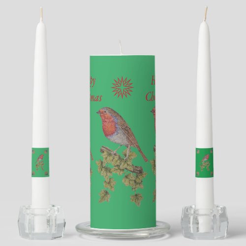 wildlife picture of ivy leafs and christmas robin  unity candle set