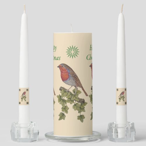 wildlife picture of ivy leafs and christmas robin  unity candle set