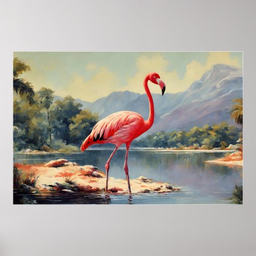 Wildlife Pink Flamingo River Mountain Vintage Poster