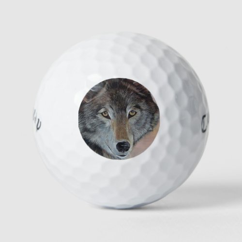 wildlife portrait painting of gray wolf  golf balls