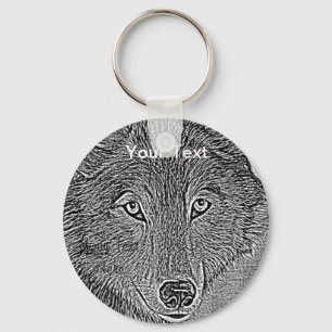 wildlife portrait painting of gray wolf keychain