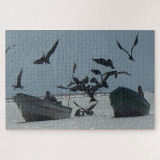 Wildlife Puzzle: Pelicans around Fishing Boats Jigsaw Puzzle