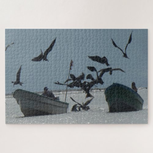 Wildlife Puzzle Pelicans around Fishing Boats Jigsaw Puzzle