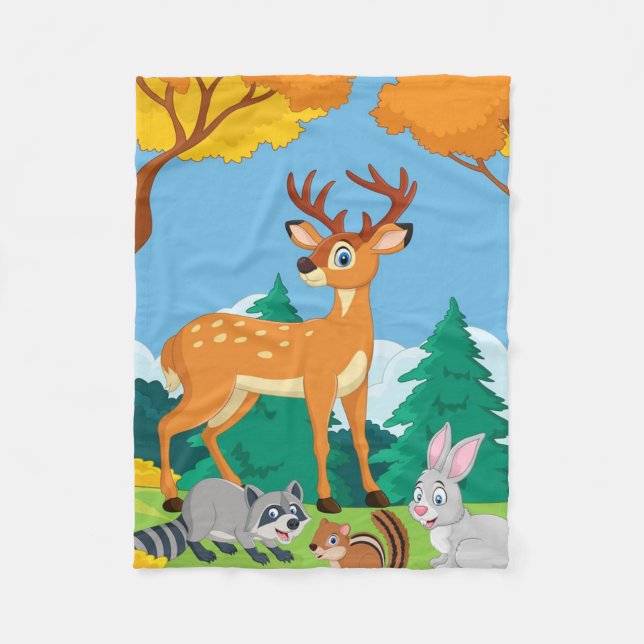 Wildlife Raccoon Chipmunk Rabbit Deer Fall Landsca Fleece Blanket (Front)