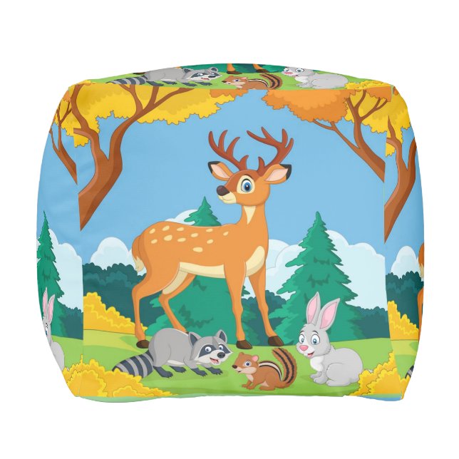 Wildlife Raccoon Chipmunk Rabbit Deer Fall Landsca Pouf (Front)
