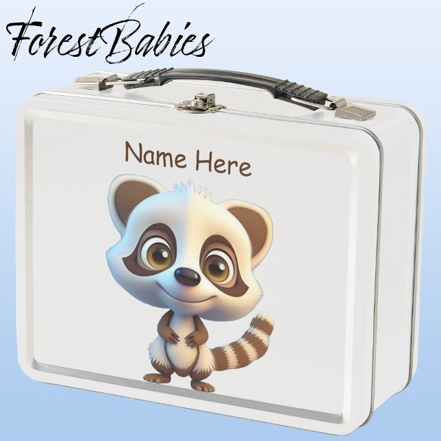 Wildlife Raccoon Woodland Animal Cartoon Graphic Metal Lunch Box (Raccoon, White ForestBabies Lunch Box)