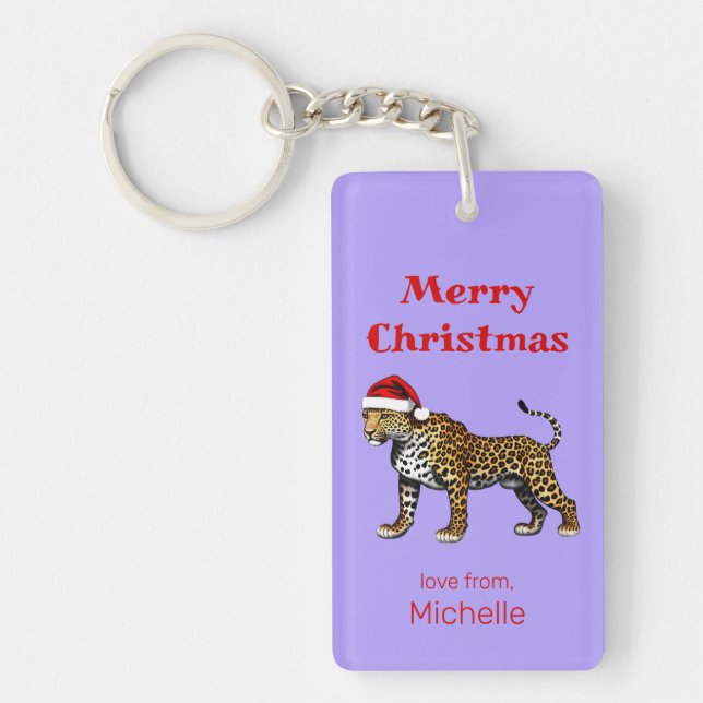 Wildlife Safari Animal Leopard Santa Hat Christmas Keychain (Front)