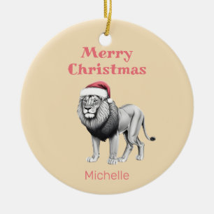 Wildlife Safari Animal Lion Santa Hat Christmas Ceramic Ornament