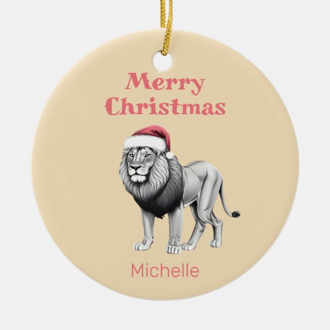 Wildlife Safari Animal Lion Santa Hat Christmas Ceramic Ornament (Front)