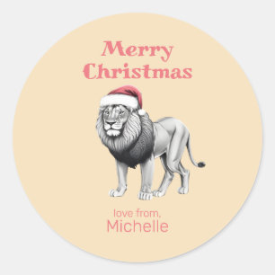 Wildlife Safari Animal Lion Santa Hat Christmas Classic Round Sticker