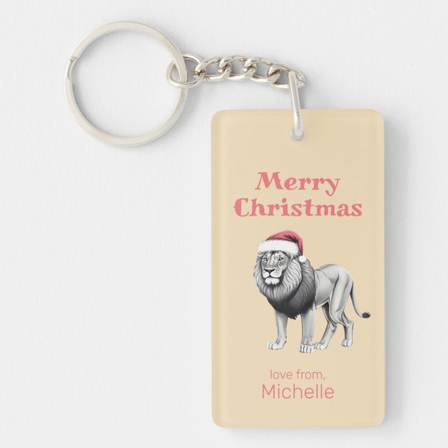 Wildlife Safari Animal Lion Santa Hat Christmas Keychain (Front)