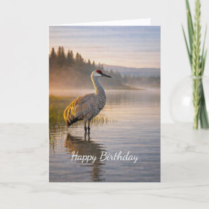 Wildlife Sandhill Crane Misty Lake Scene Birthday Card