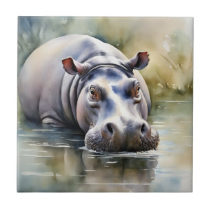 Wildlife Serenity Watercolor Hippo Ceramic Tile