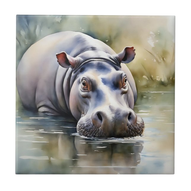 Wildlife Serenity Watercolor Hippo Ceramic Tile (Front)