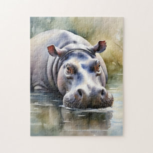 Wildlife Serenity Watercolor Hippo Jigsaw Puzzle