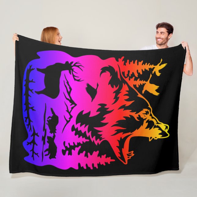 Wildlife Silhouette with Vibrant Gradient  Fleece Blanket (In Situ)