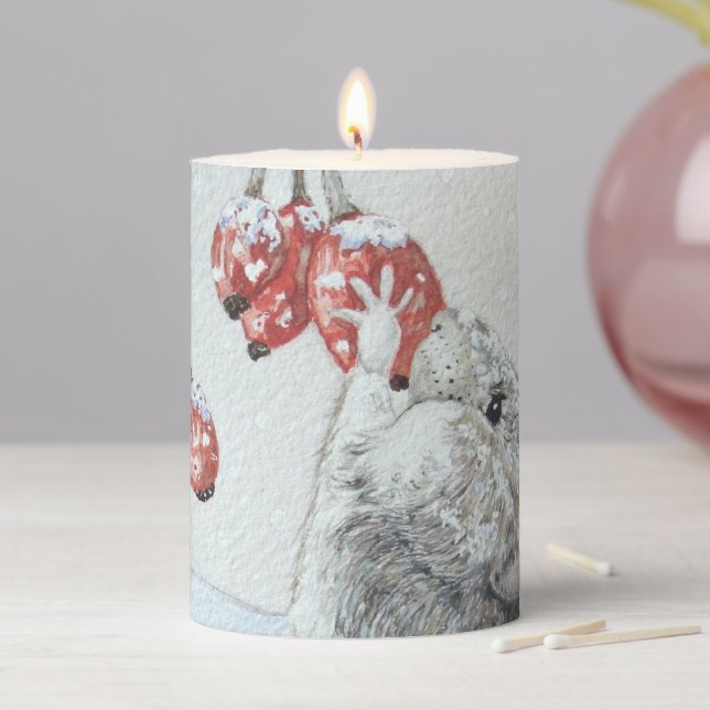 wildlife snow scene cute field mouse at chritmas pillar candle (In Situ)