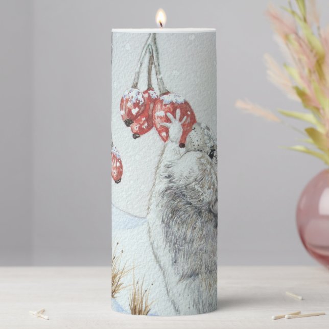 wildlife snow scene of cute field mouse christmas pillar candle (In Situ)