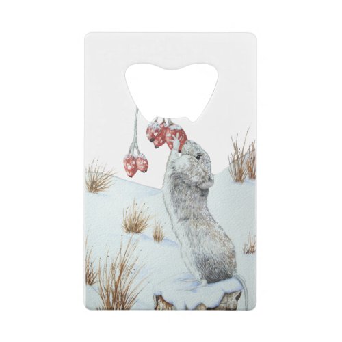 wildlife snow scene picture of cute field mouse credit card bottle opener
