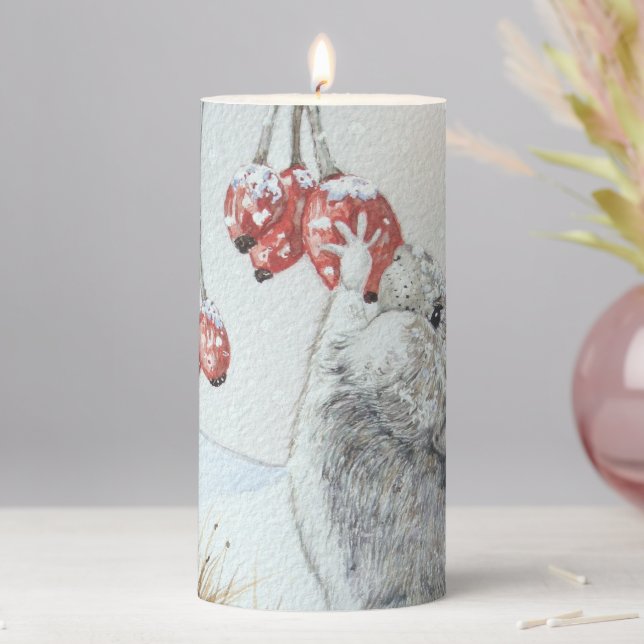 wildlife snow scene picture of cute field mouse pillar candle (In Situ)