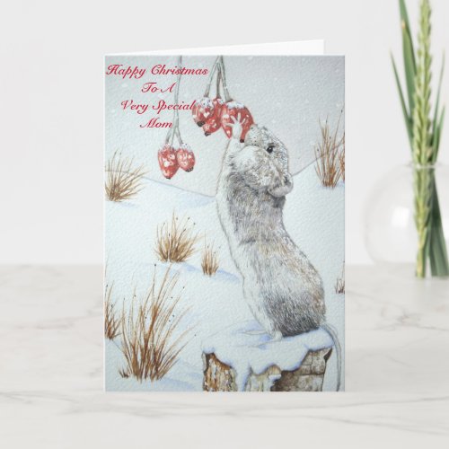 wildlife snow scene with cute mouse at chistmas holiday card