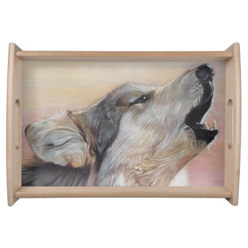 wildlife sunset picture of howling gray wolf serving tray