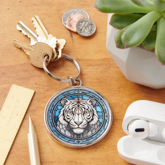 Wildlife White Tiger Stained Glass Keychain (Desk)