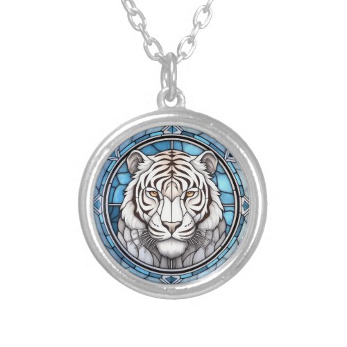 Wildlife White Tiger Stained Glass Silver Plated Necklace