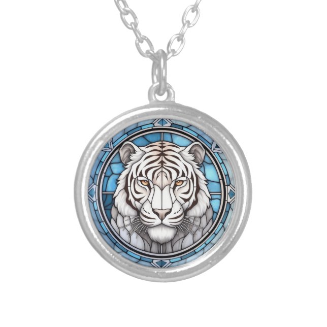 Wildlife White Tiger Stained Glass Silver Plated Necklace (Front)